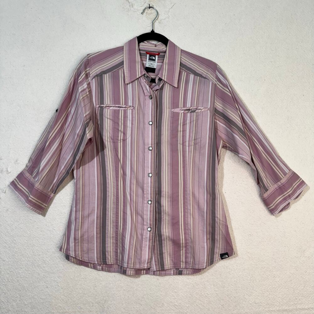 The North Face Pink Stripped 3/4 Sleeve Pearl Snap Button-Up Cotton Shirt Medium